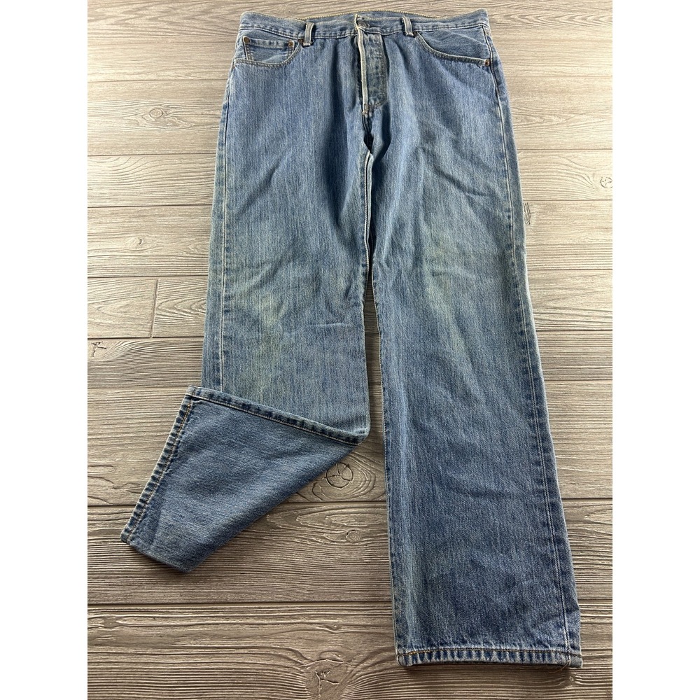 Levi's 501 Straight Leg Distressed Button Fly Jeans Denim Blue Mens Size 36X32